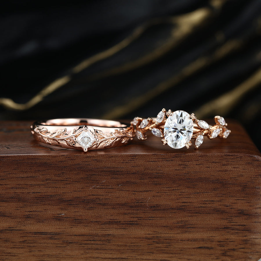 Nature Inspired  Moissanite Couple Rings | D Color VVS1 | Rose Gold Leaf Wedding Bridal Set