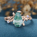 Coffin Cut Natural Green Moss Agate  Engagement Ring 