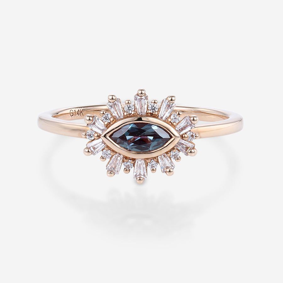 Bezel setting Marquise cut Lab Alexandrite Halo Moissanite | Diamond Gold Engagement Ring