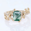 Nature Inspired Emerald cut Moss Agate Leaf Gold Engagement Ring