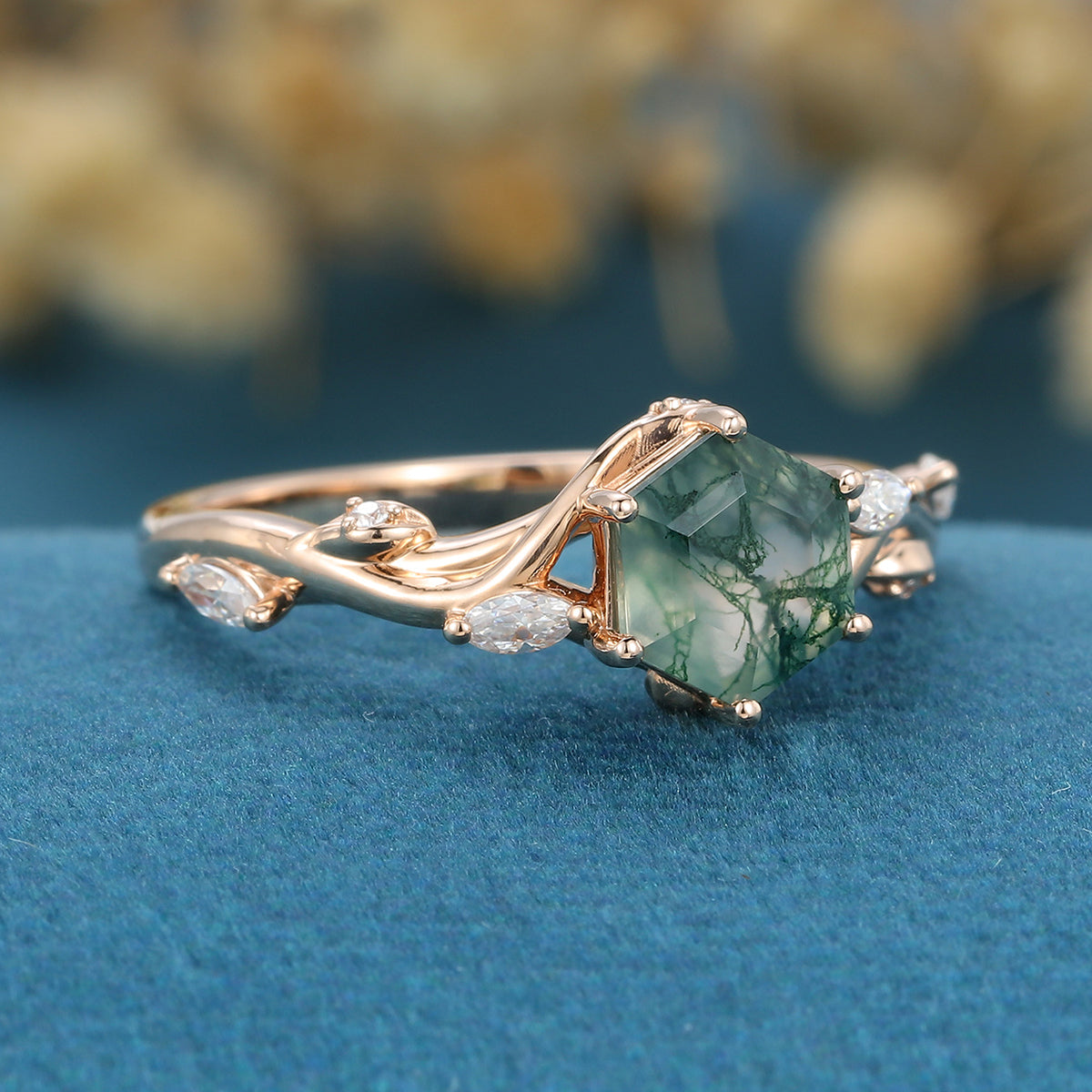 Inspired Hexagon Cut Natural Green Moss Agate  Engagement Ring