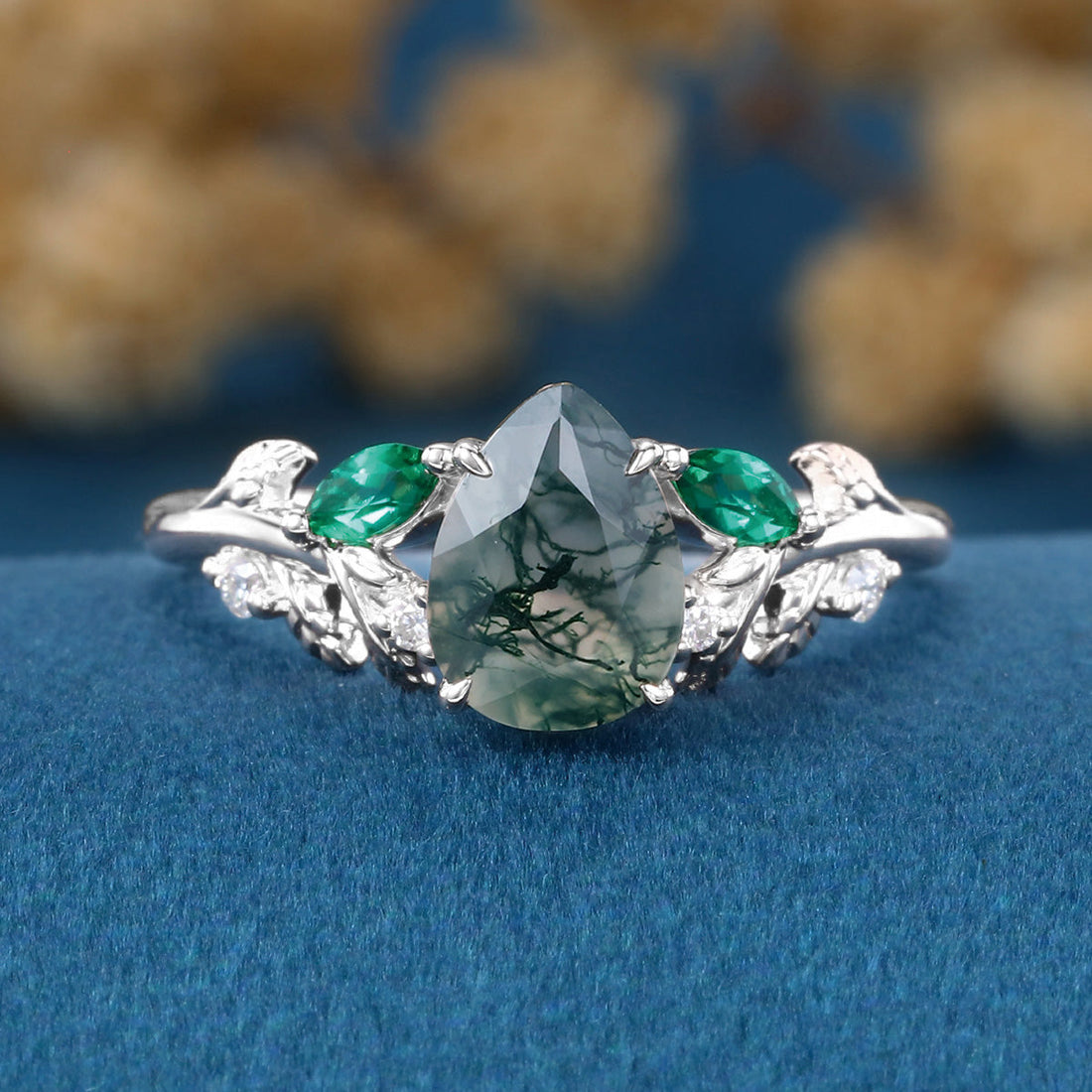 Pear cut Moss Agate + Lab Emerald Engagement Ring