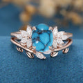 2PCS Oval Turquoise Cluster Engagement Ring Bridal Sets