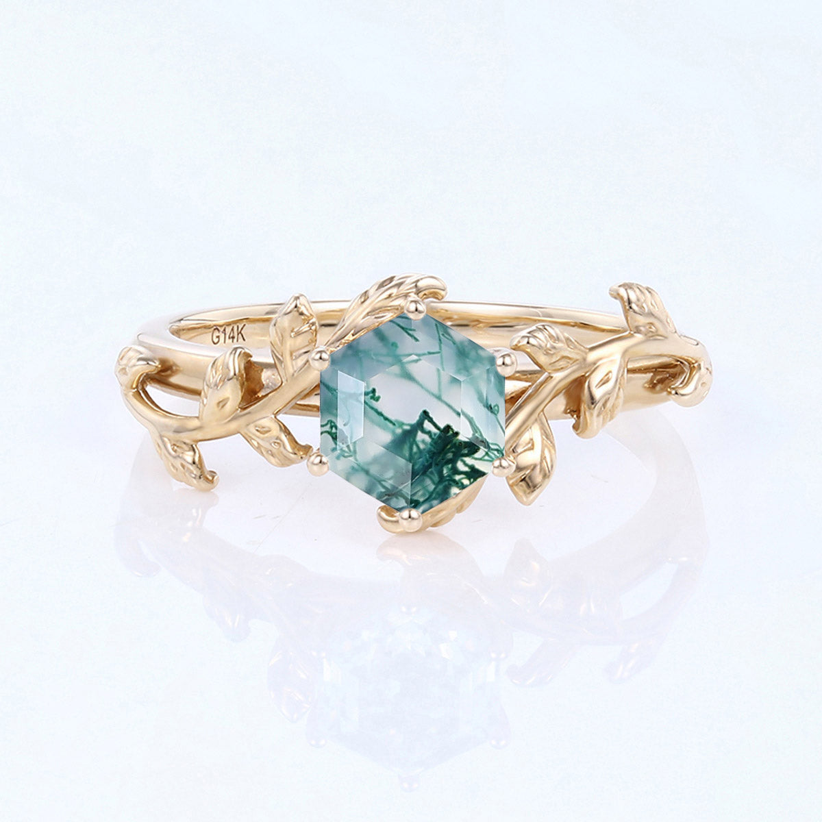 Nature Inspired Hexagon cut Moss Agate Leaf Gold Engagement Ring