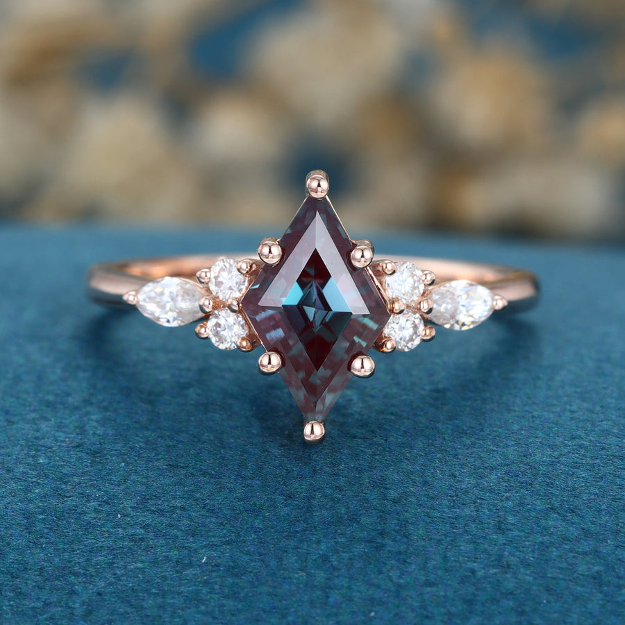 Lozenge cut Lab Alexandrite Solid Gold Engagement Ring