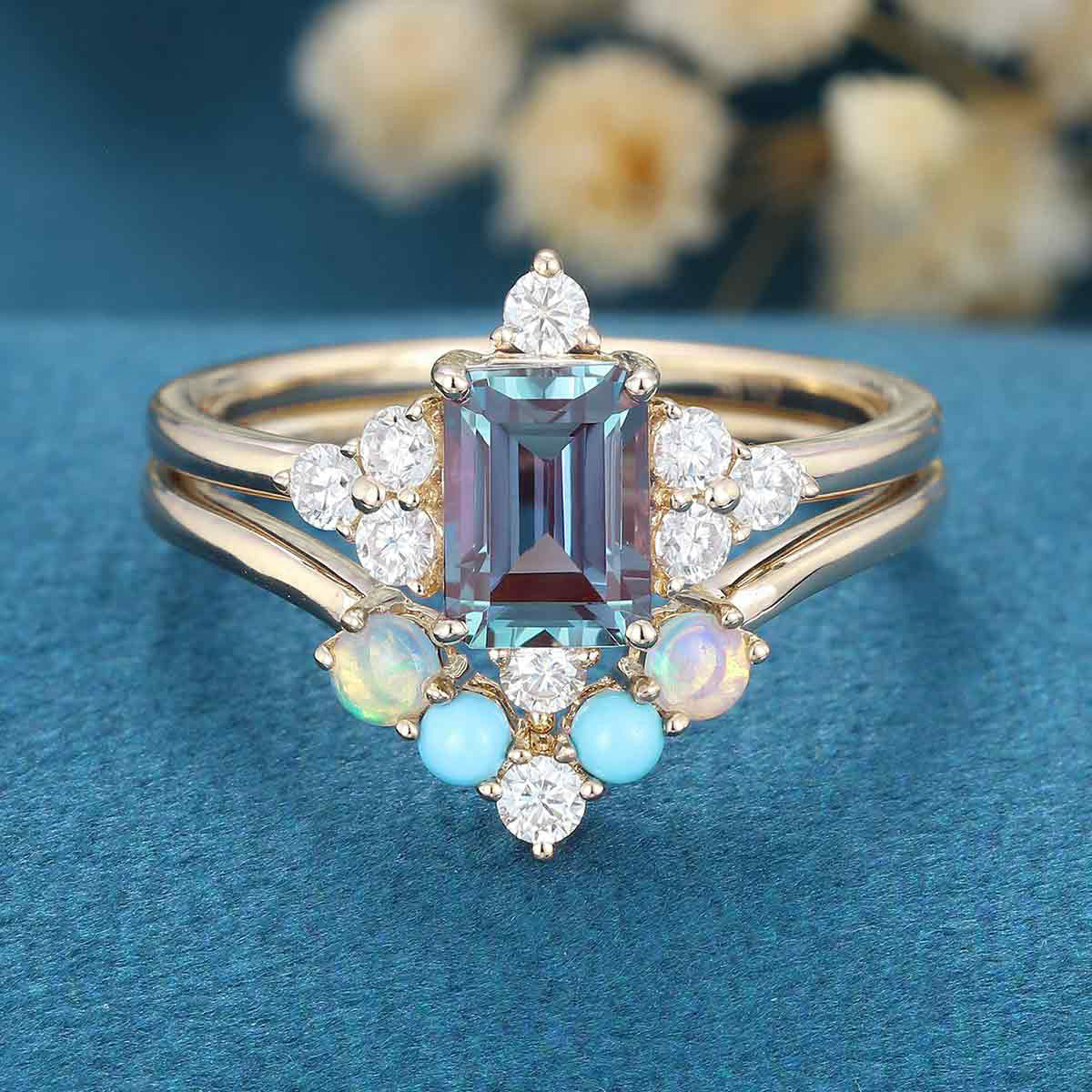 Emerald Lab Alexandrite Cluster Engagement Bridal Set