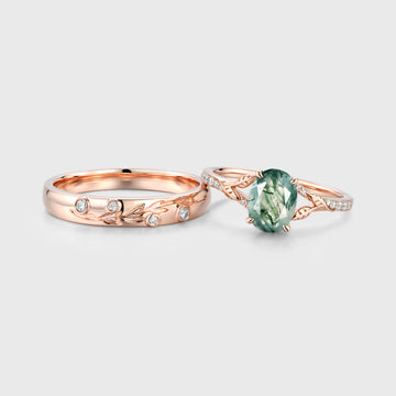 Enchanted Forest Moss Agate Couple Rings | Rose gold | Handcrafted Nature-Inspired Jewelry