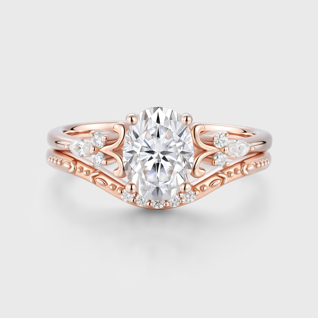 Oval cut Moissanite Side Stone Bridal Set