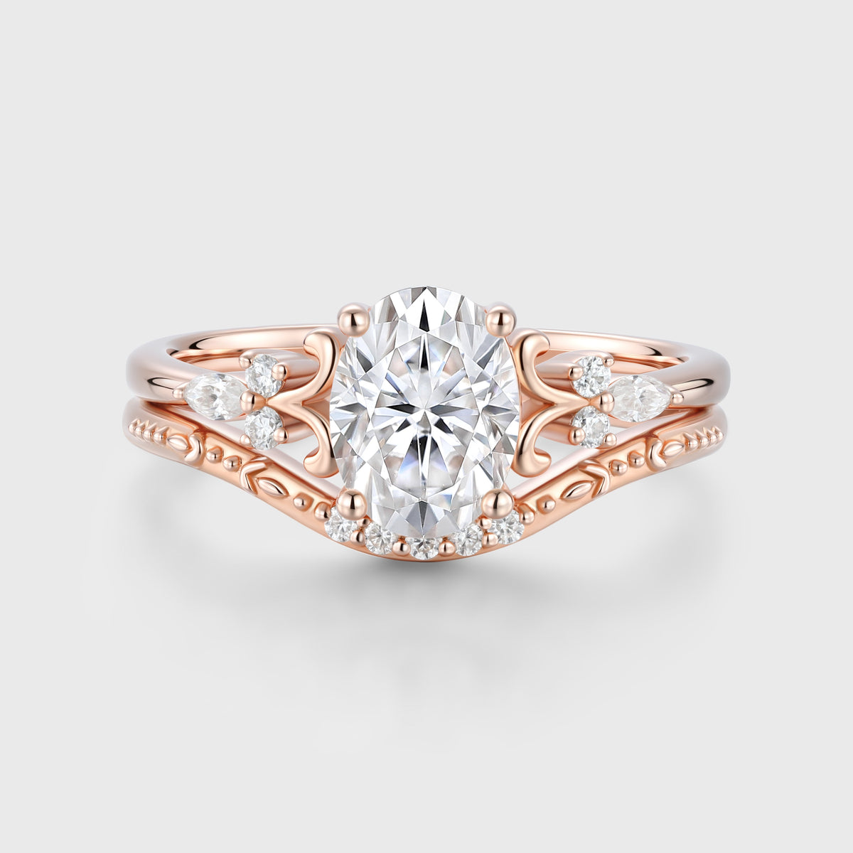 Oval cut Moissanite Side Stone Bridal Set