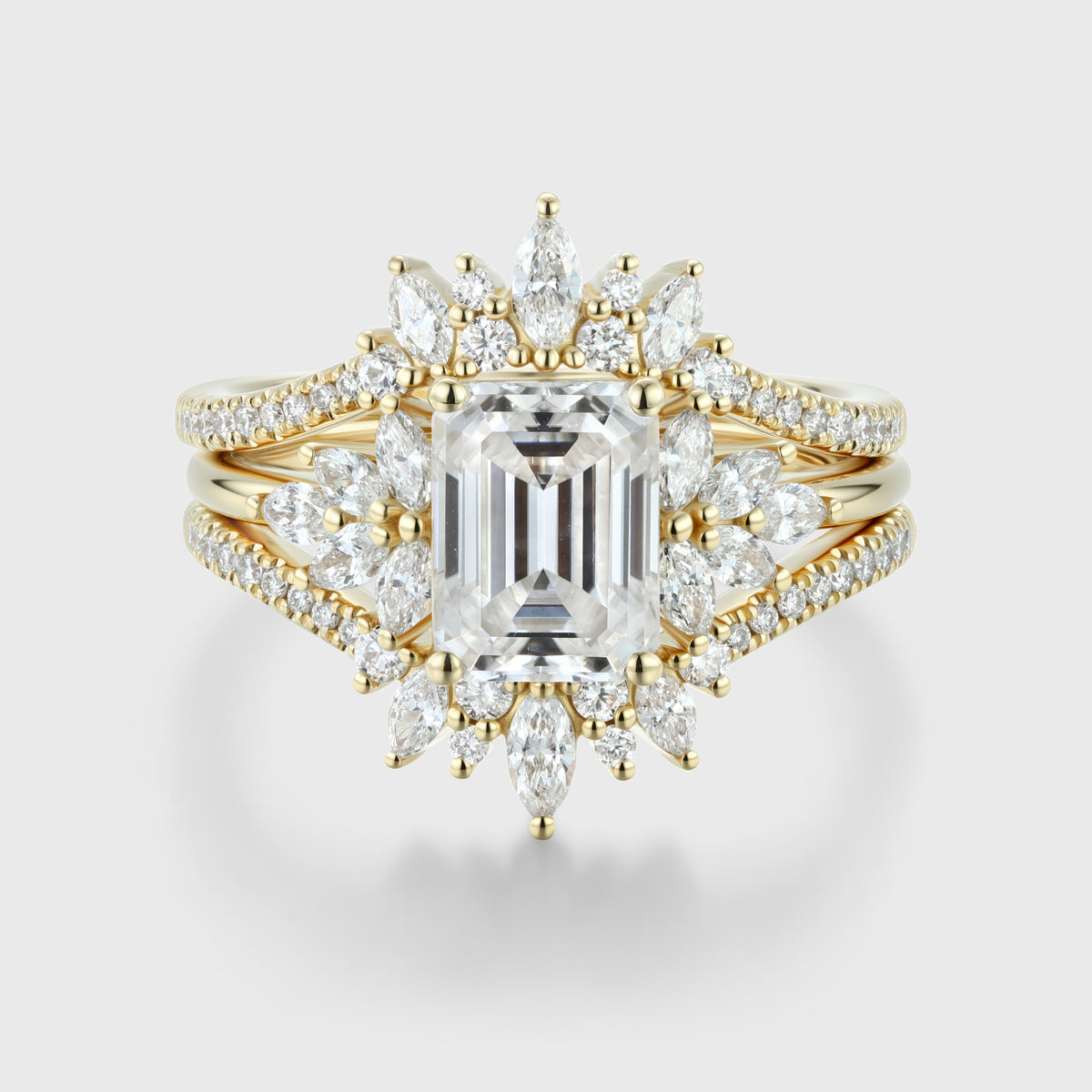 1.7Carat Vintage Emerald cut Moissanite Cluster Engagement Ring Set