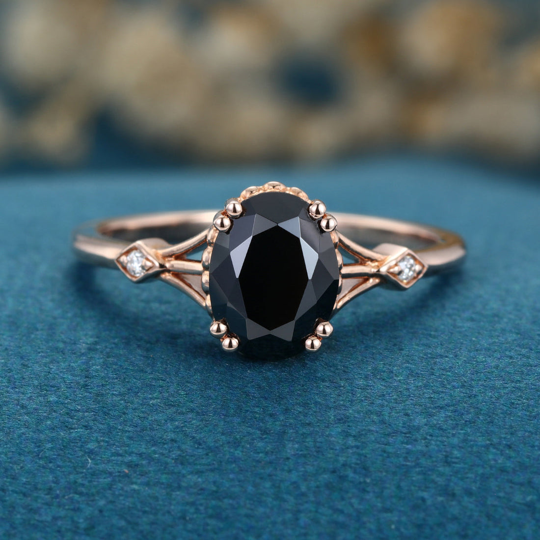 Oval cut Black Onyx Solid Gold Engagement Ring
