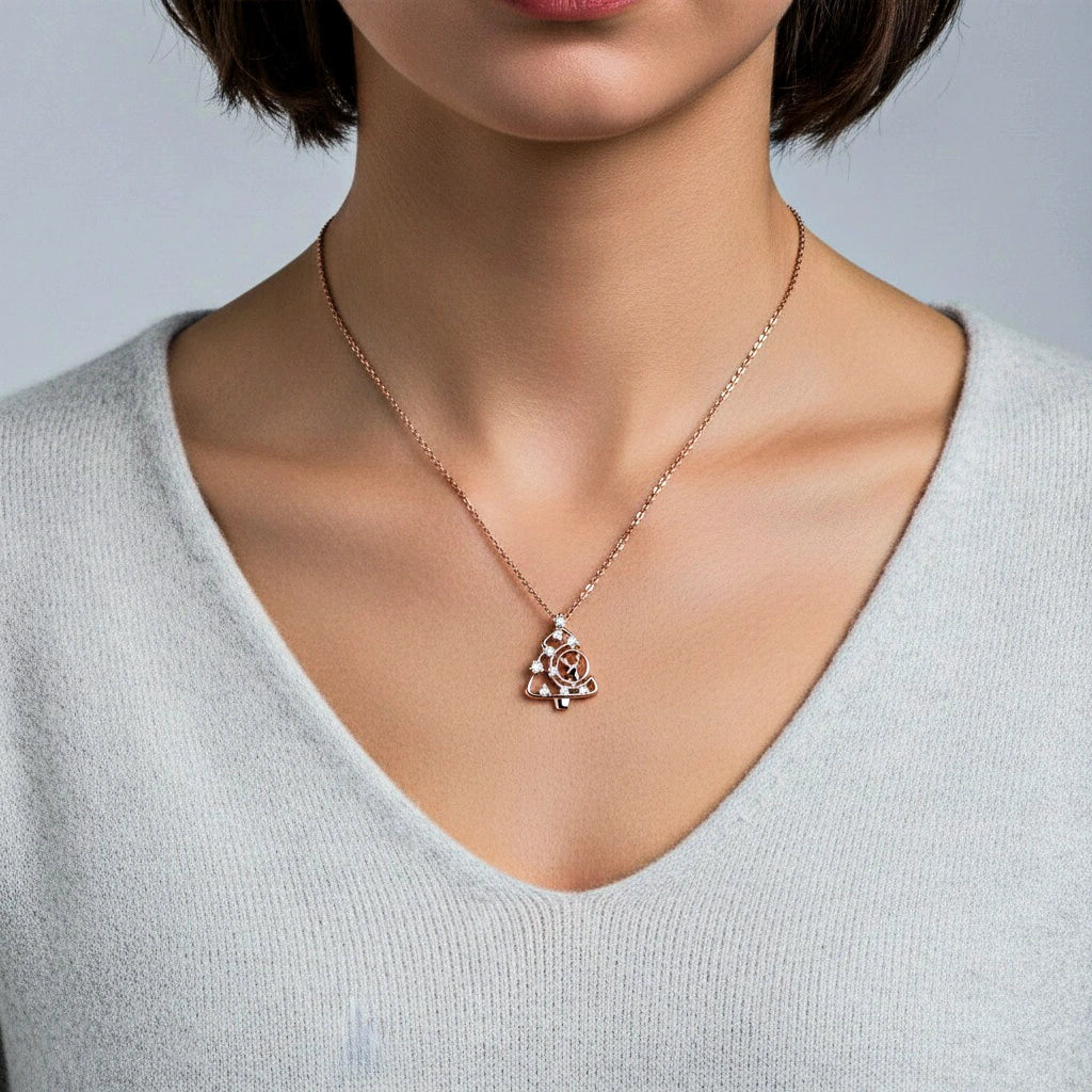 Christmas Tree Pendant Necklace with Moissanite or Diamonds Halo Accents