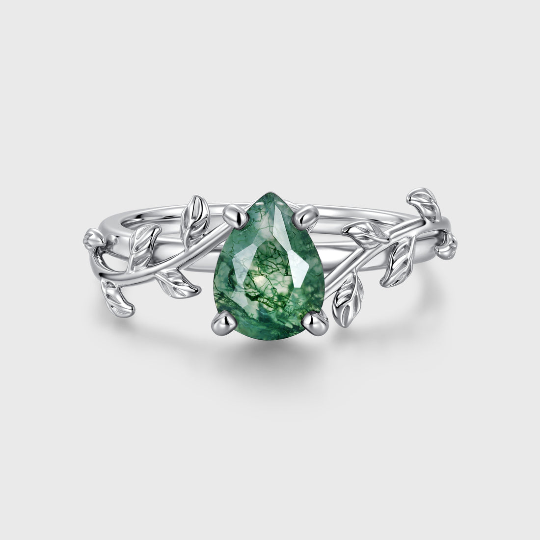 Nature Inspired Pear cut Moss Agate Leaf Gold Engagement Ring