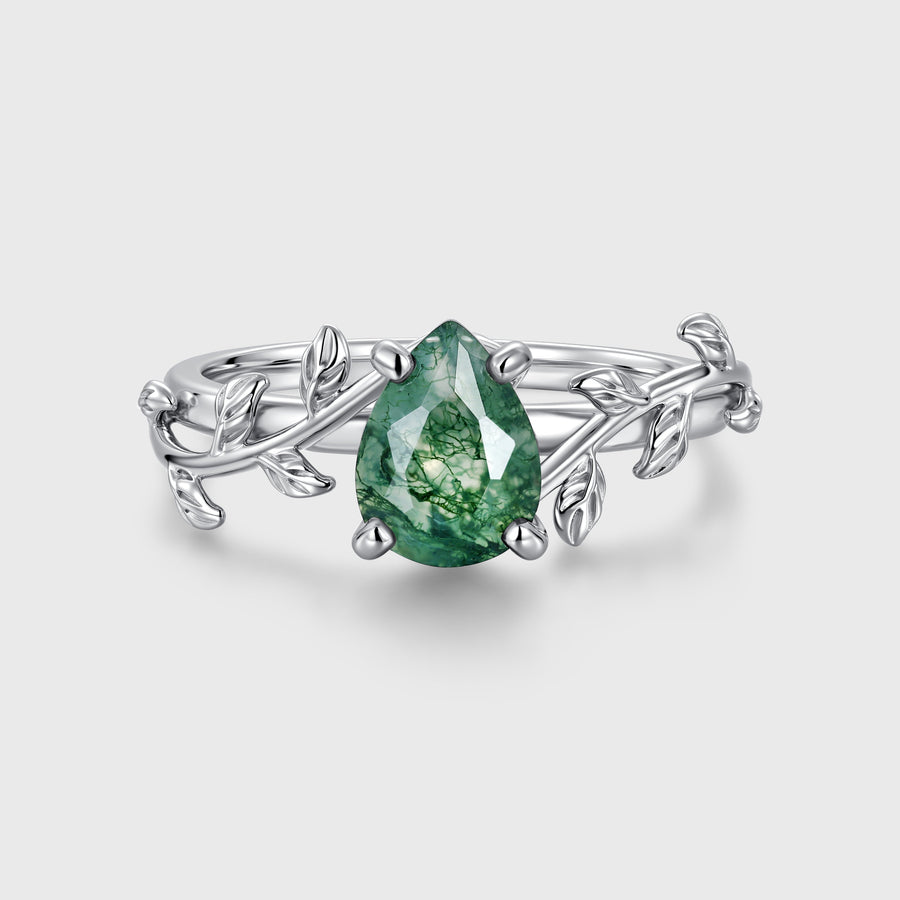 Nature Inspired Pear cut Moss Agate Leaf Gold Engagement Ring