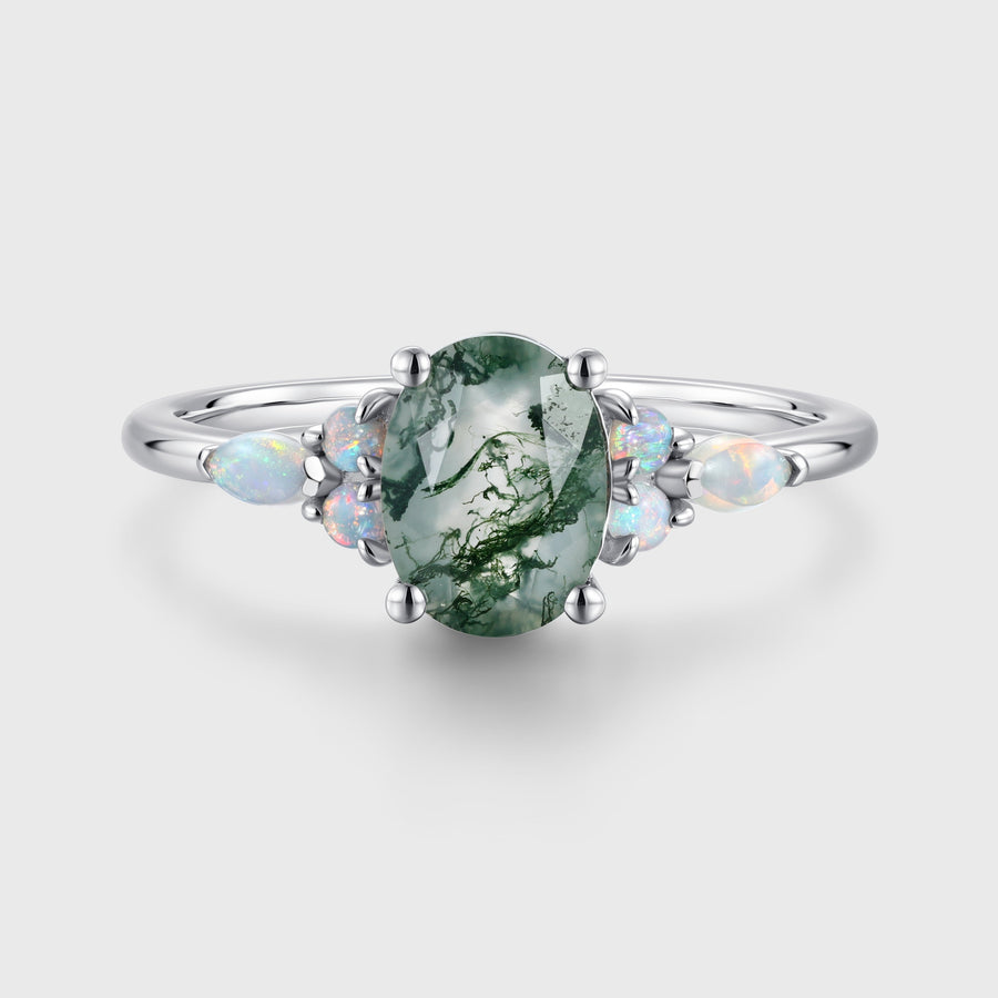 Natural Green Moss Agate Oval cut cluster Engagement Ring