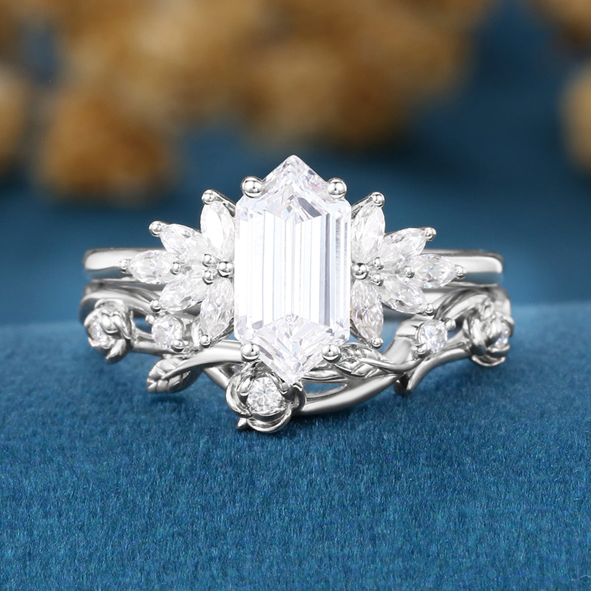 Hexagon cut Lab grown Diamond Wedding bridal set