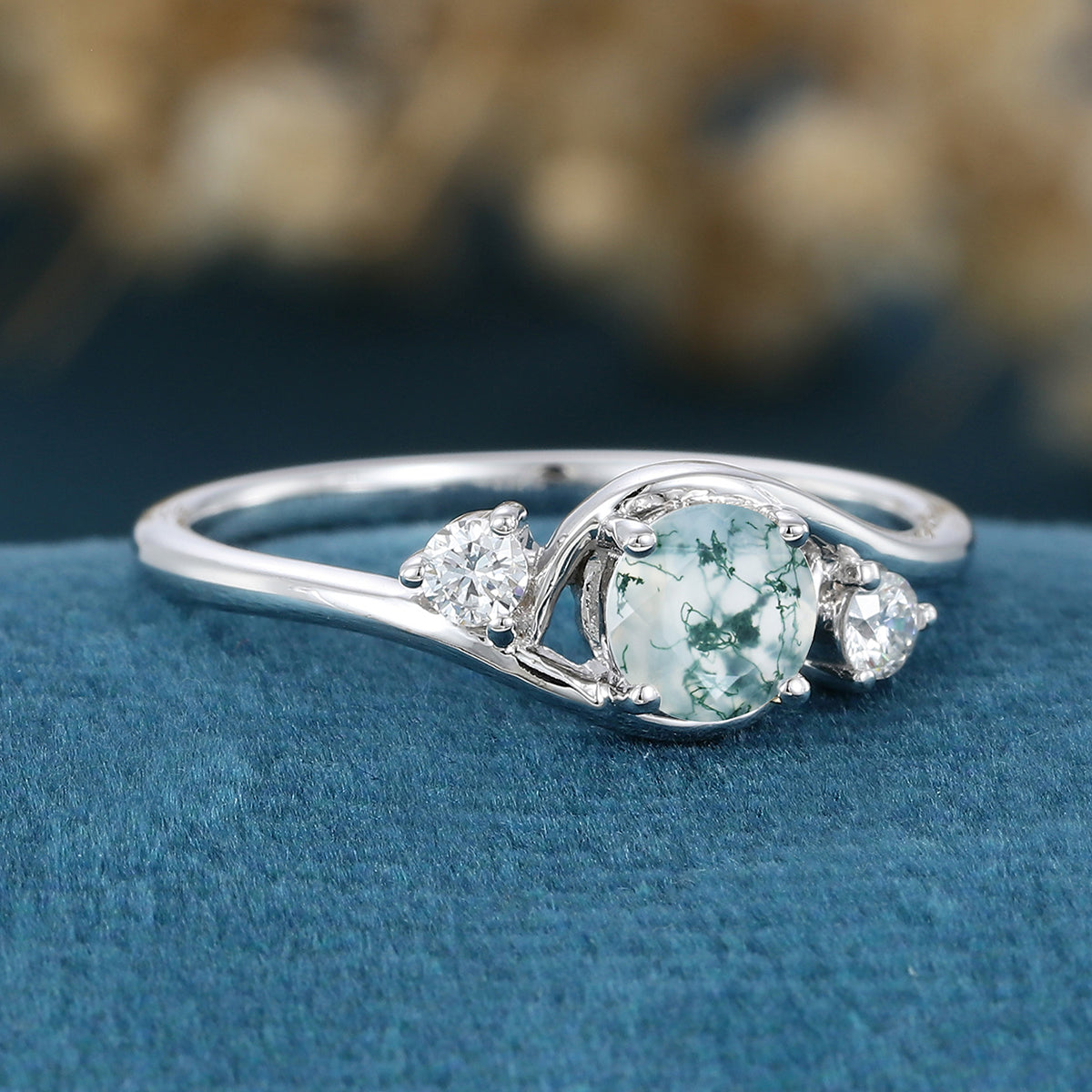 Round cut Moss Agate Matching Mossanite | Diamonds Gold Engagement Ring (Copy)