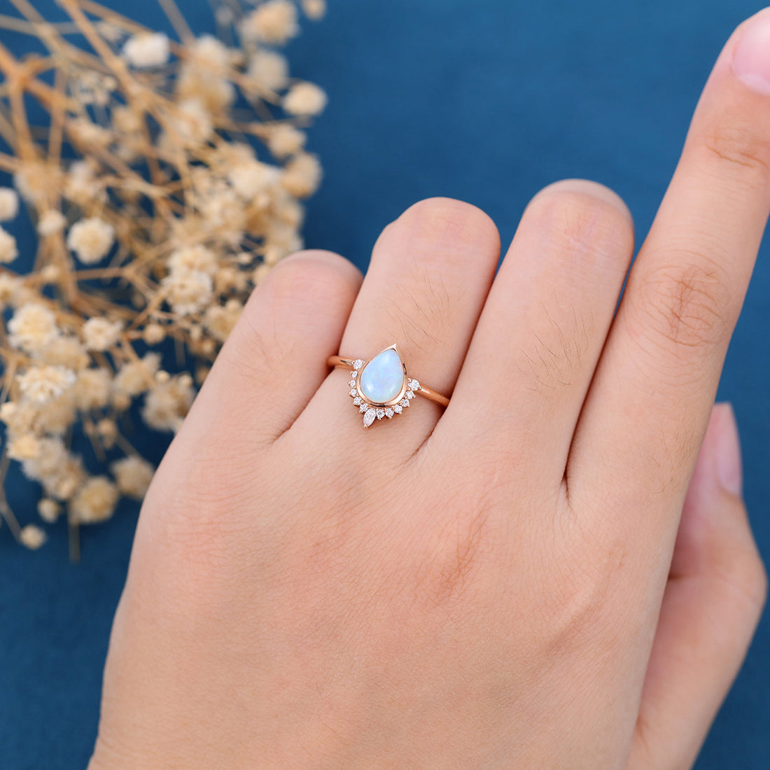 Bezel setting Pear cut Opal Halo Moissantie| Diamonds Gold Engagement Ring