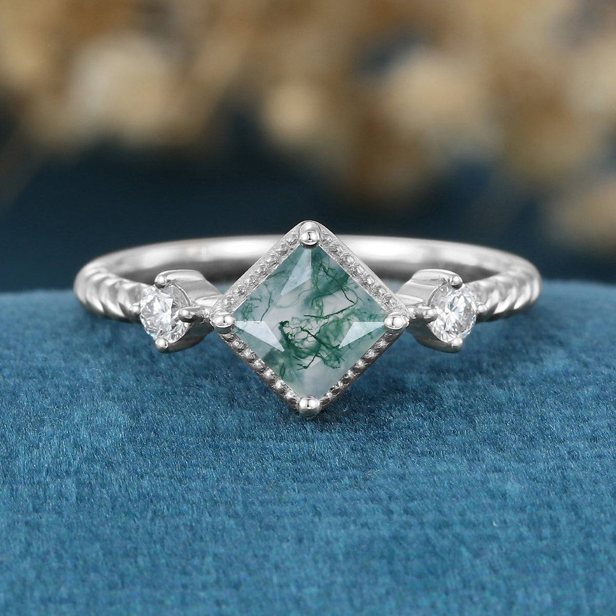 Bezel setting Princess cut Moss Agate Matching Mossanite | Diamonds Gold Engagement Ring