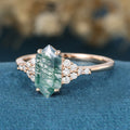 Long Hexagon cut Moss Agate Matching Mossanite | Diamonds Gold Engagement Ring (Copy)