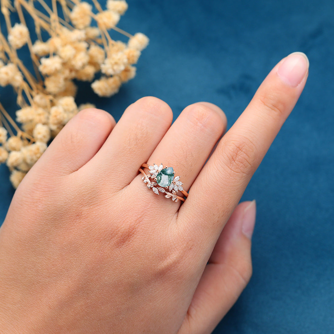 Nature Inspired Pear cut Moss Agate Leaf Gold Ring set