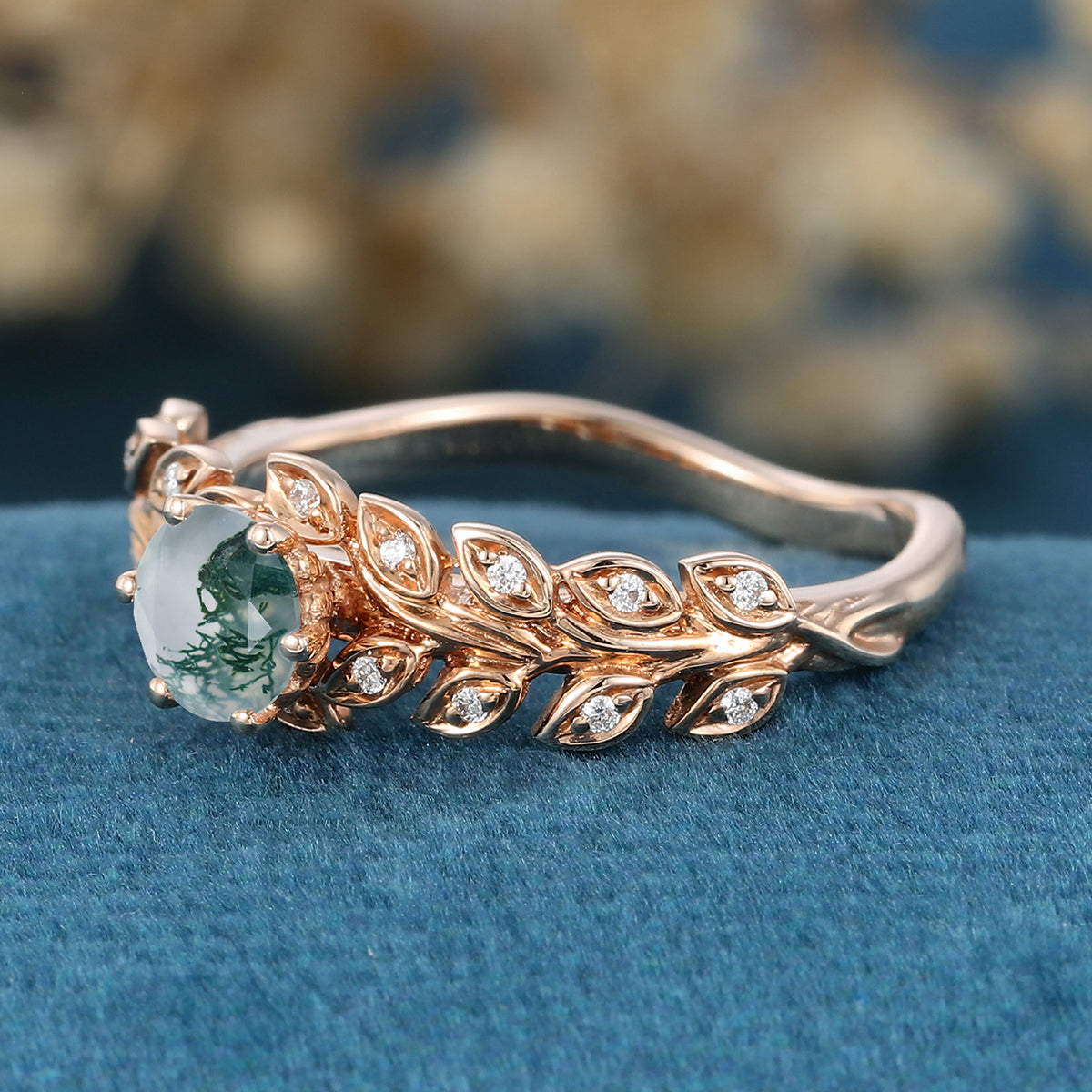 Round cut Moss Agate Matching Mossanite | Diamonds Gold Engagement Ring