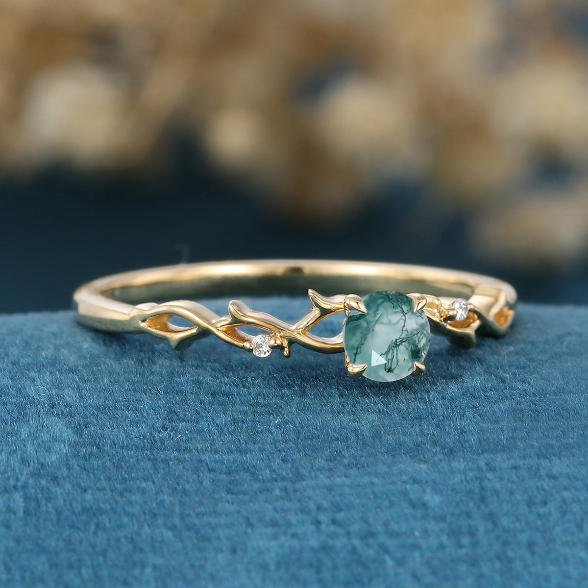 Nature Inspired Round cut Moss Agate Matching Mossanite | Diamonds twig Engagement Ring