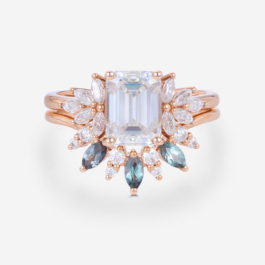Emerald cut Moissanite Engagement Ring Alexandrite Bridal Set