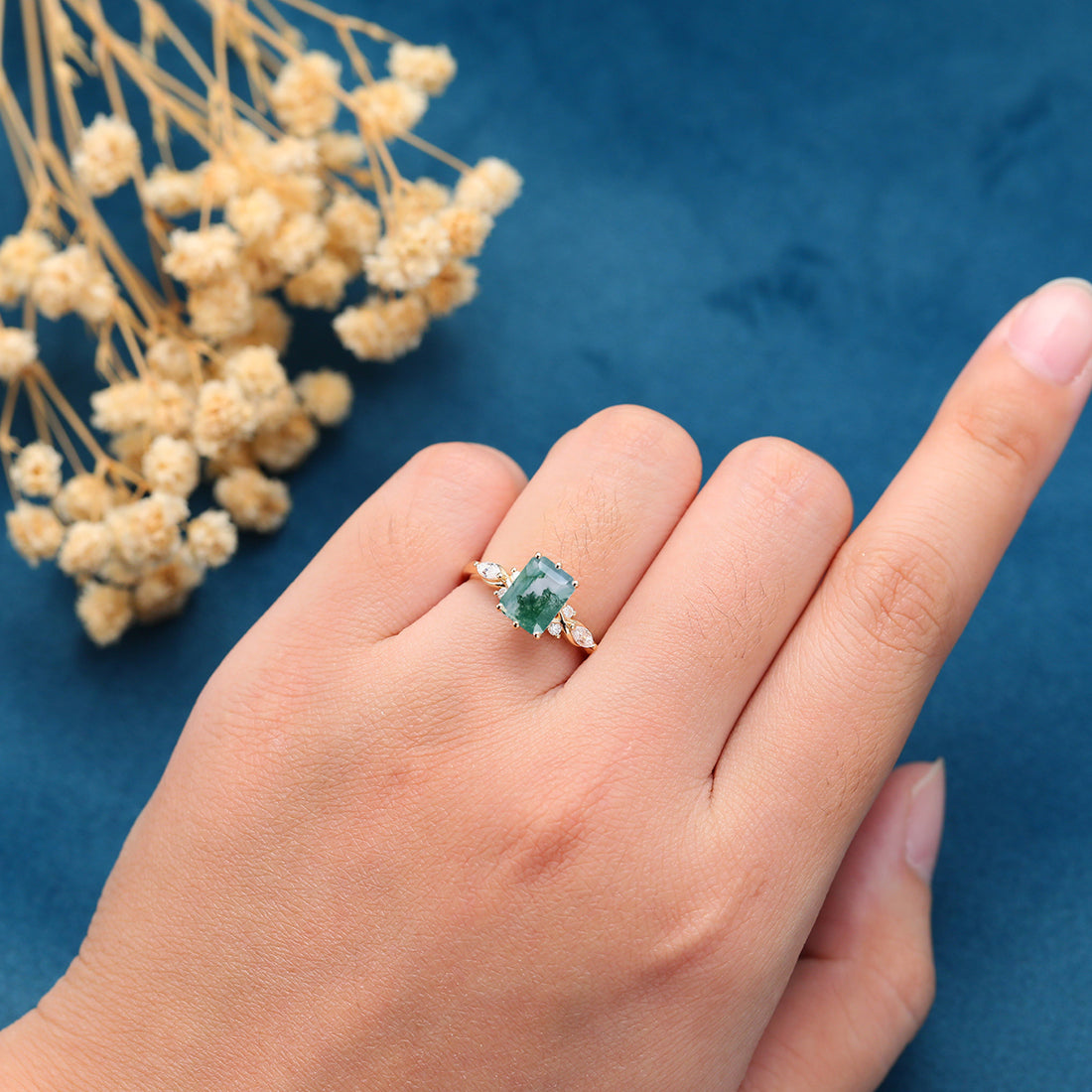 Emerald cut Moss Agate Matching Mossanite | Diamonds Gold Engagement Ring