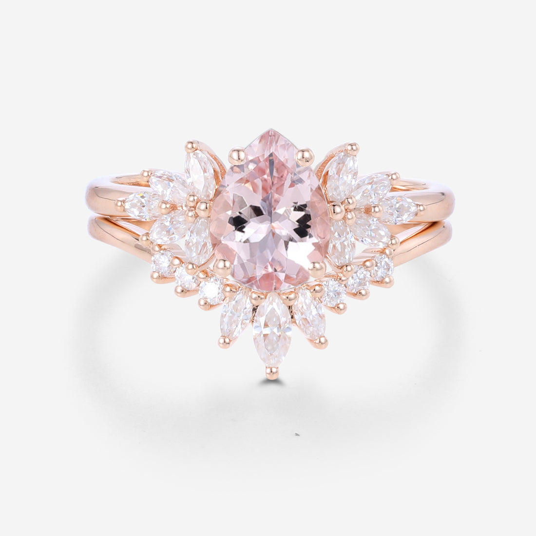 Pear cut Morganite Cluster Engagement ring Bridal Set