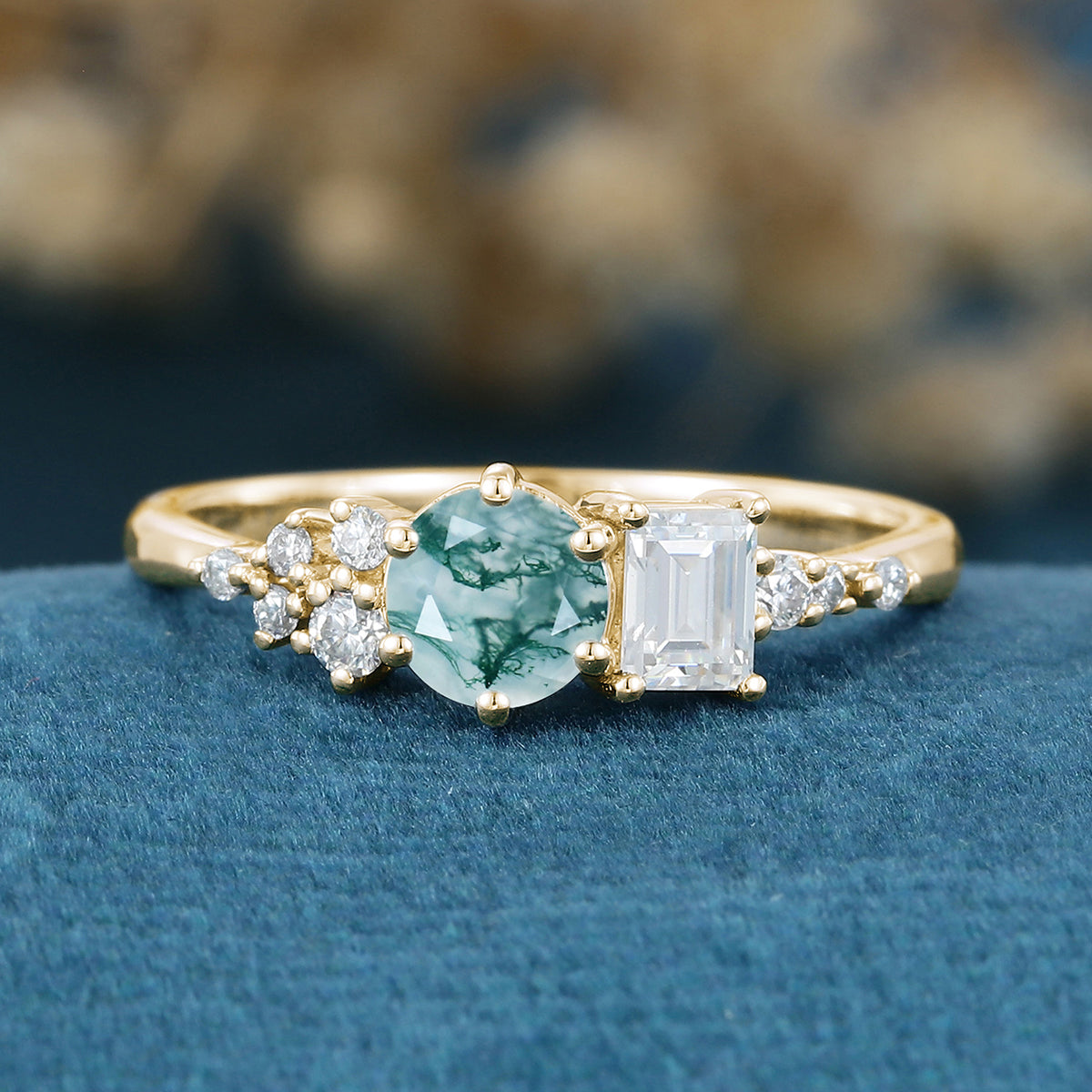 Round cut Moss Agate Matching Mossanite | Diamonds Gold Engagement Ring