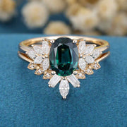 Oval Blue-Green Sapphire Cluster Engagement ring Bridal Set