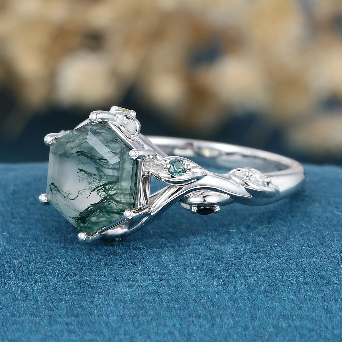 Inspired Hexagon Cut Natural Green Moss Agate  Engagement Ring