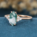 Long Hexagon cut Moss Agate Matching Mossanite | Diamonds Gold Engagement Ring