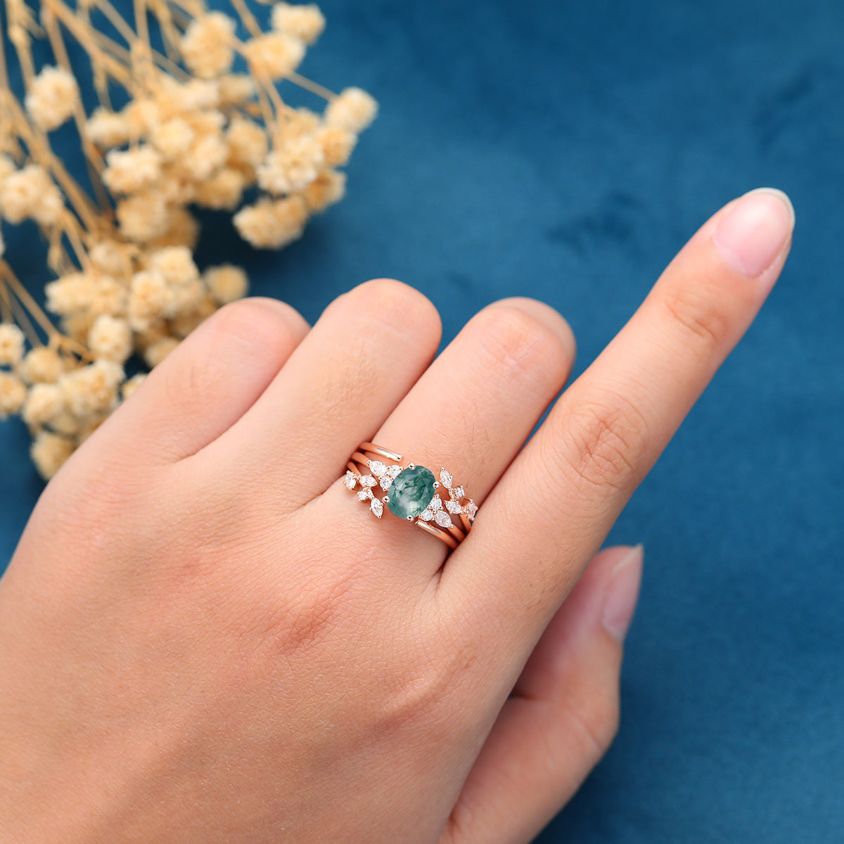 Nature Inspired Oval cut Moss Agate Leaf Gold Ring set