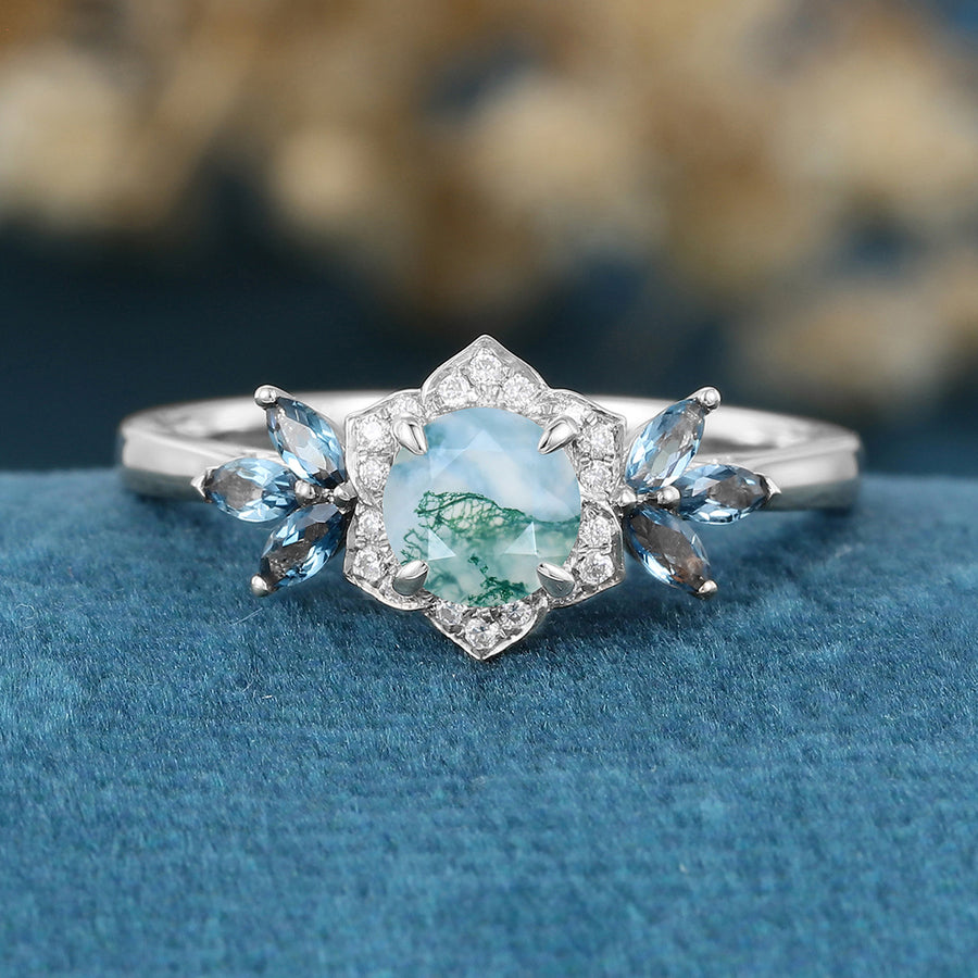 Round cut Moss Agate Matching London blue Topaz | Diamonds Gold Engagement Ring