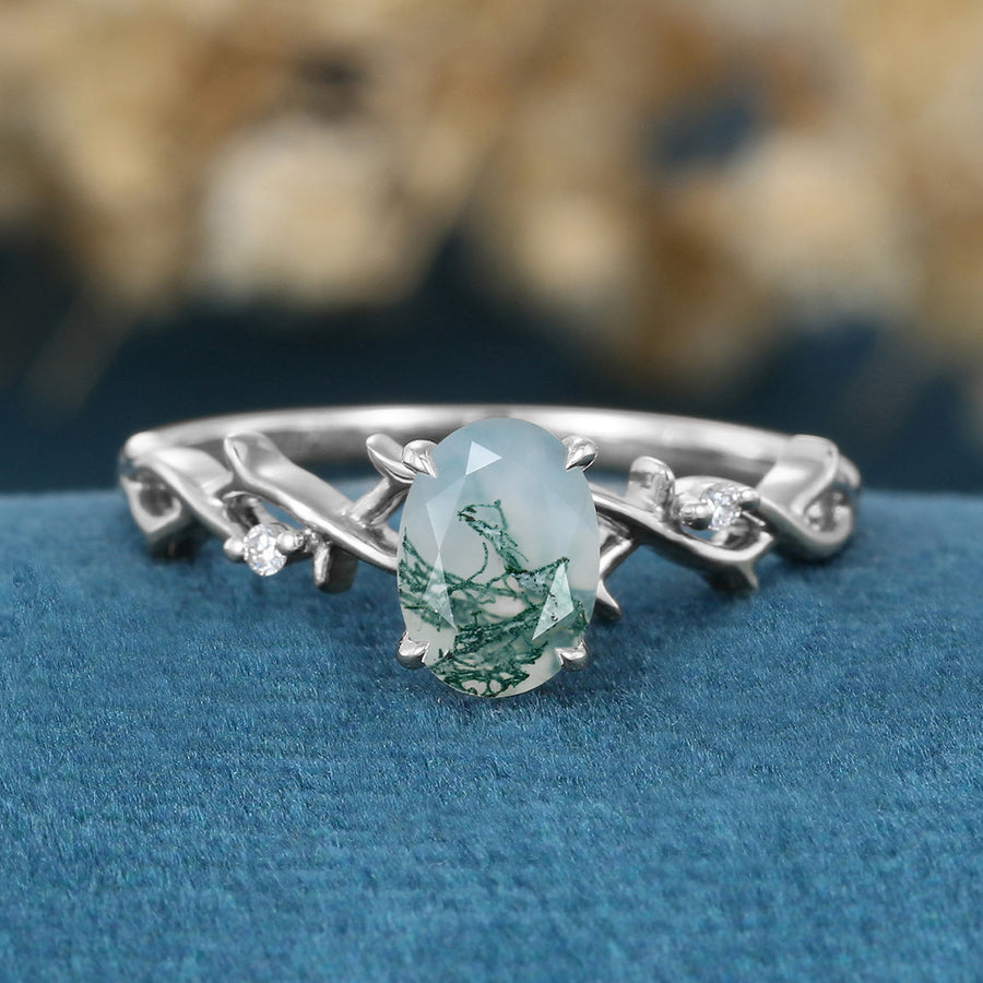 Nature Inspired Oval cut Moss Agate Matching Mossanite | Diamonds twig Gold Engagement Ring