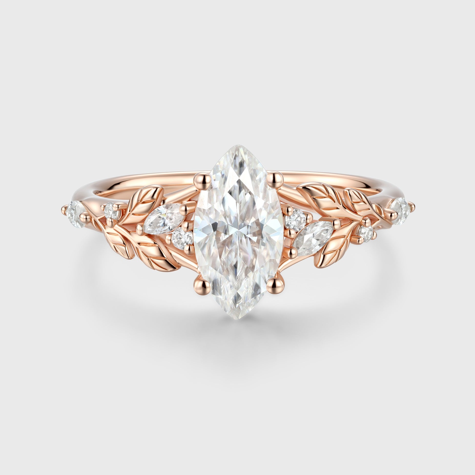 Nature Inspired Marquise cut Moissanite Leaf Gold Engagement Ring
