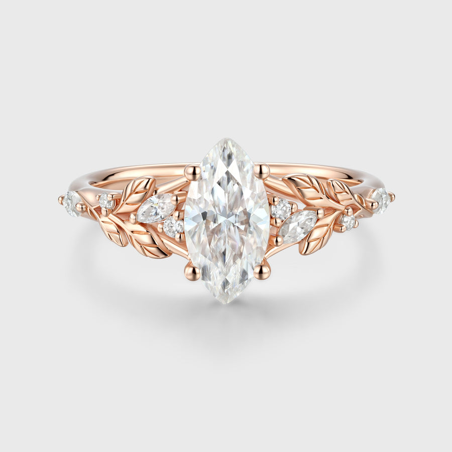 Nature Inspired Marquise cut Moissanite Leaf Gold Engagement Ring