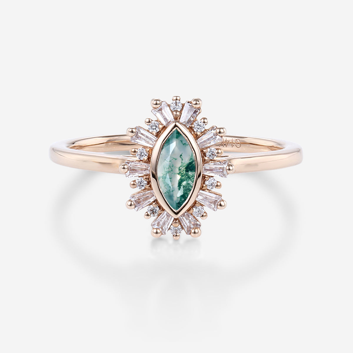 Bezel setting Marquise cut Moss Agate Halo Moissanite | Diamond Gold Engagement Ring