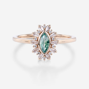 Bezel setting Marquise cut Moss Agate Halo Moissanite | Diamond Gold Engagement Ring