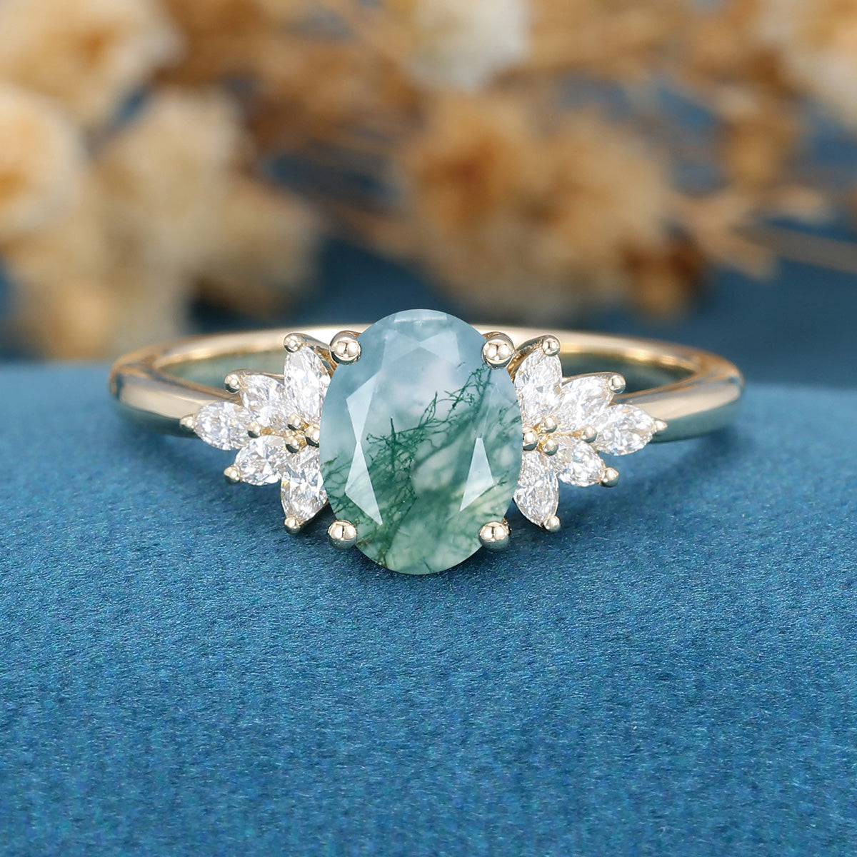 Natural Green Moss Agate Oval cut cluster Engagement Ring 