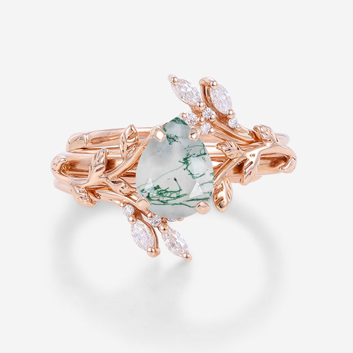 Nature Inspired Pear cut Moss Agate Leaf Gold ring set