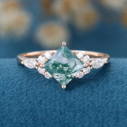 Natural Green Moss Agate Princess cut cluster Engagement Ring 