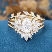 3PCS 1.2 Carat Pear Moissanite Cluster Engagement ring Bridal Set