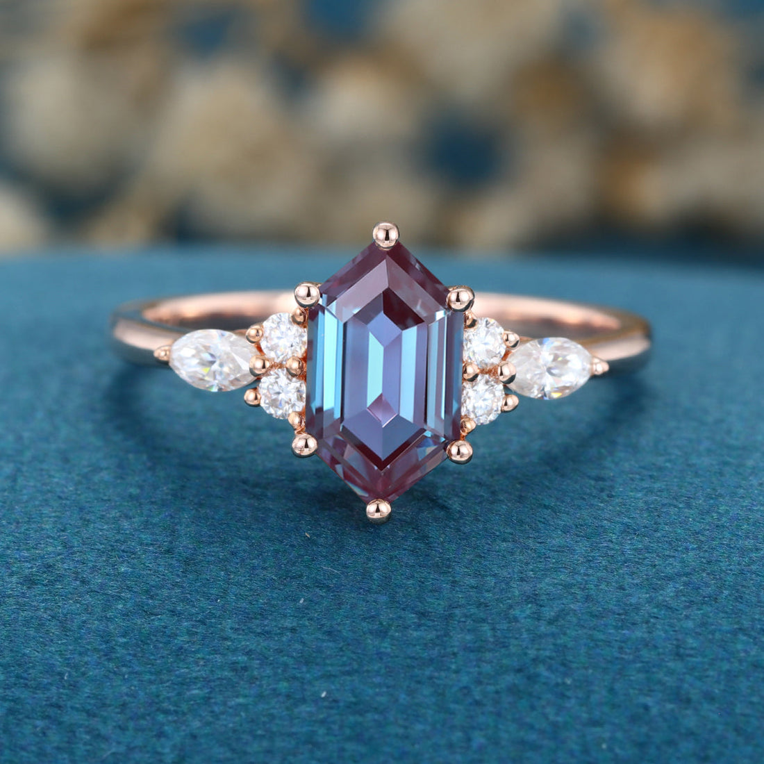 Long Hexagon cut Lab Alexandrite Solid Gold Engagement Ring
