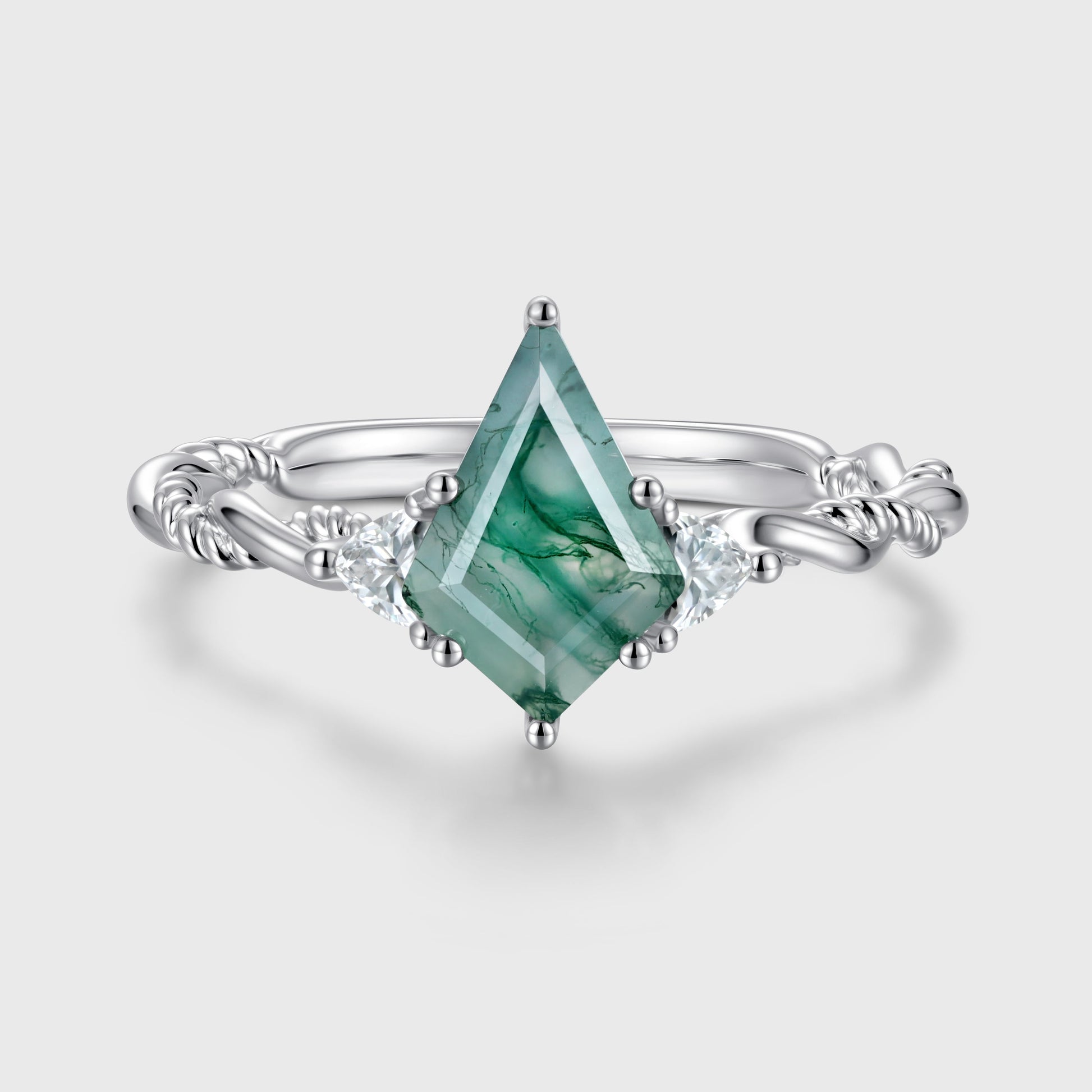 Kite Cut Natural Green Moss Agate Cluster Engagement Ring