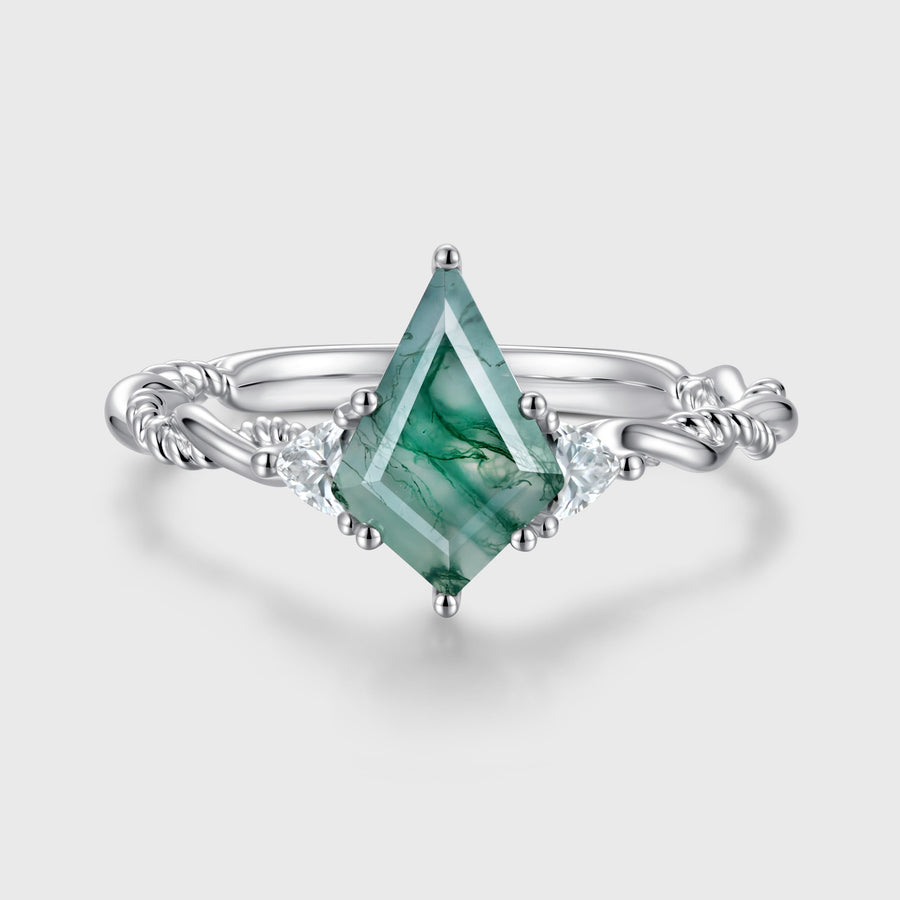 Kite Cut Natural Green Moss Agate Cluster Engagement Ring