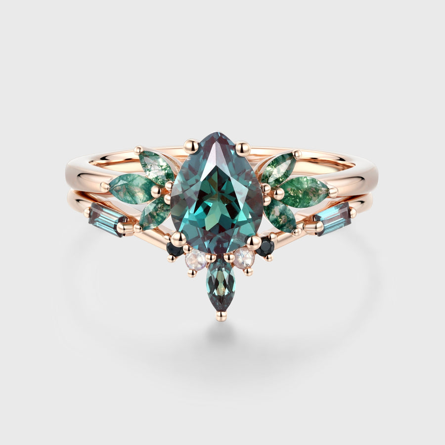 Pear cut Alexandrite Cluster Engagement Ring Set