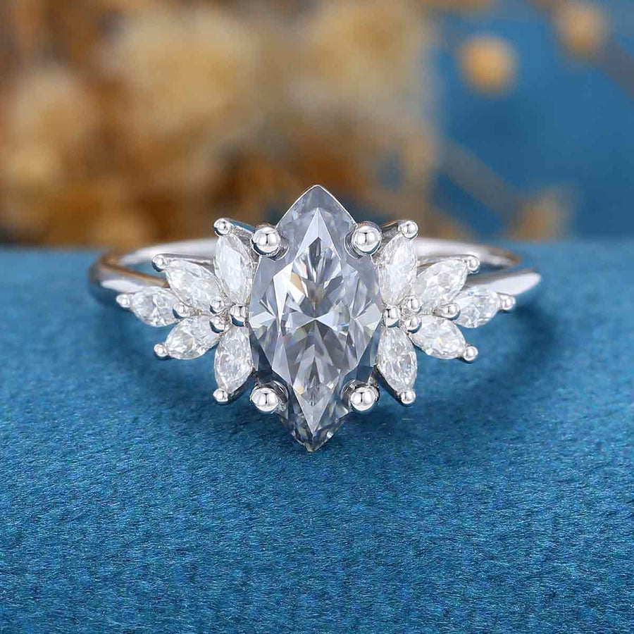 Marquise cut Gray Moissanite Cluster Engagement ring